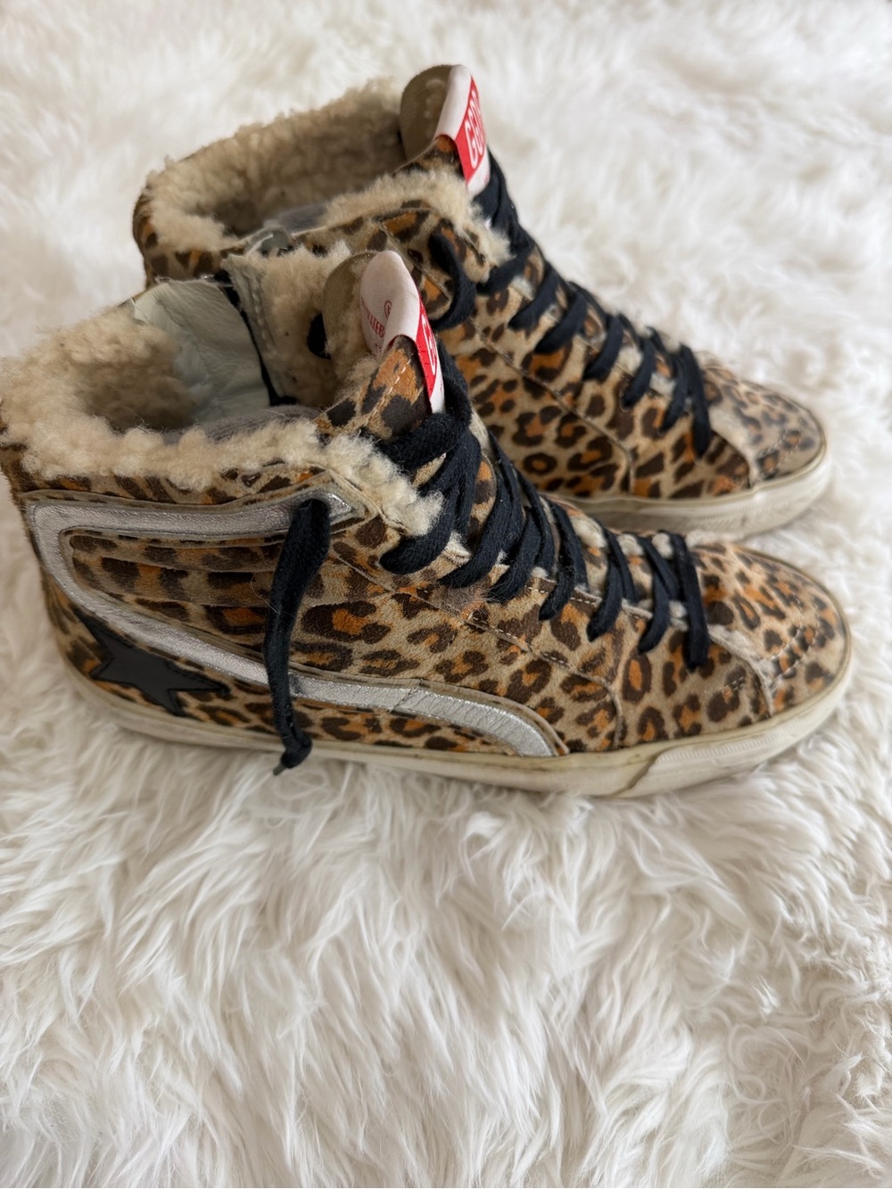 Golden Goose Slide High Top Sneakers - Leopard Print Shearling - Size 36 US 6